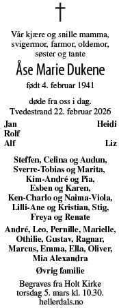 Dødsannonsen Åse Marie Dukene